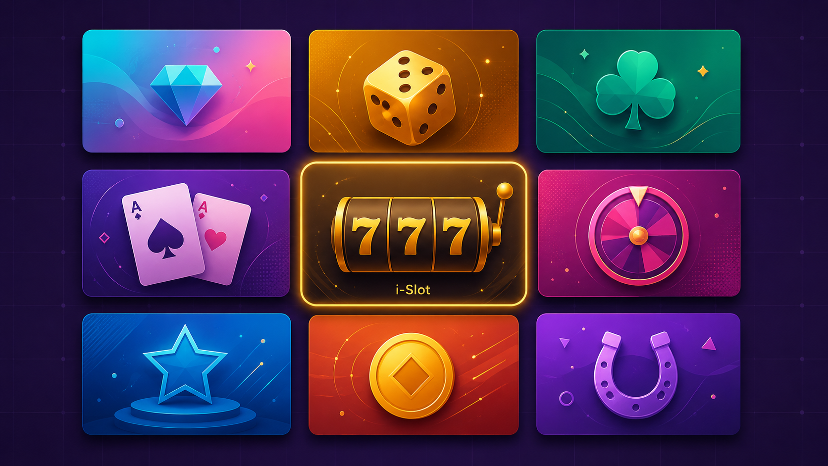 Avantgarde Casino game library — 9 stylised game tile thumbnails representing slots, table games, i-Slot and specialty categories