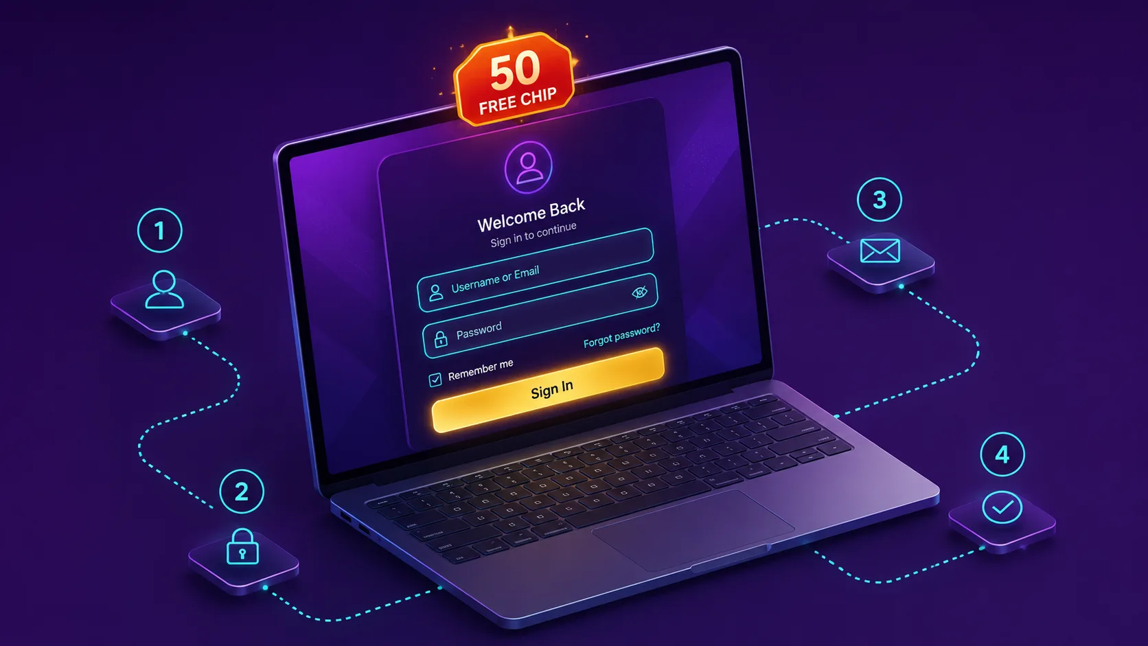 Avantgarde Casino login flow, laptop showing welcome back form with 50 free chip badge and 4-step verification path