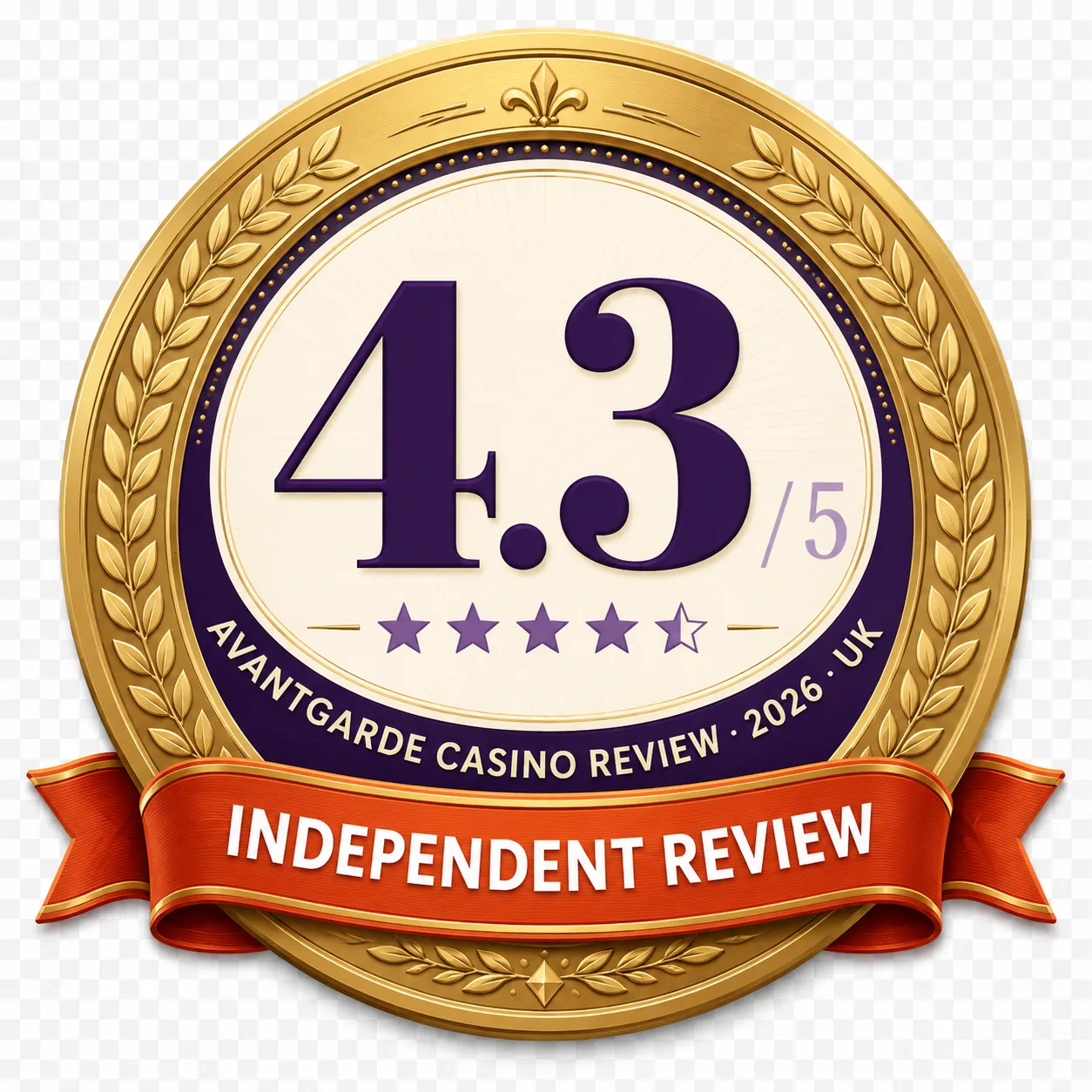 Avantgarde Casino independent review badge, 4.3 out of 5 stars